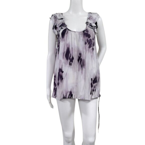 Banana Republic Purple Print Silk Ruffle Sleeveless Blouse Women's Size Medium - Picture 2 of 10